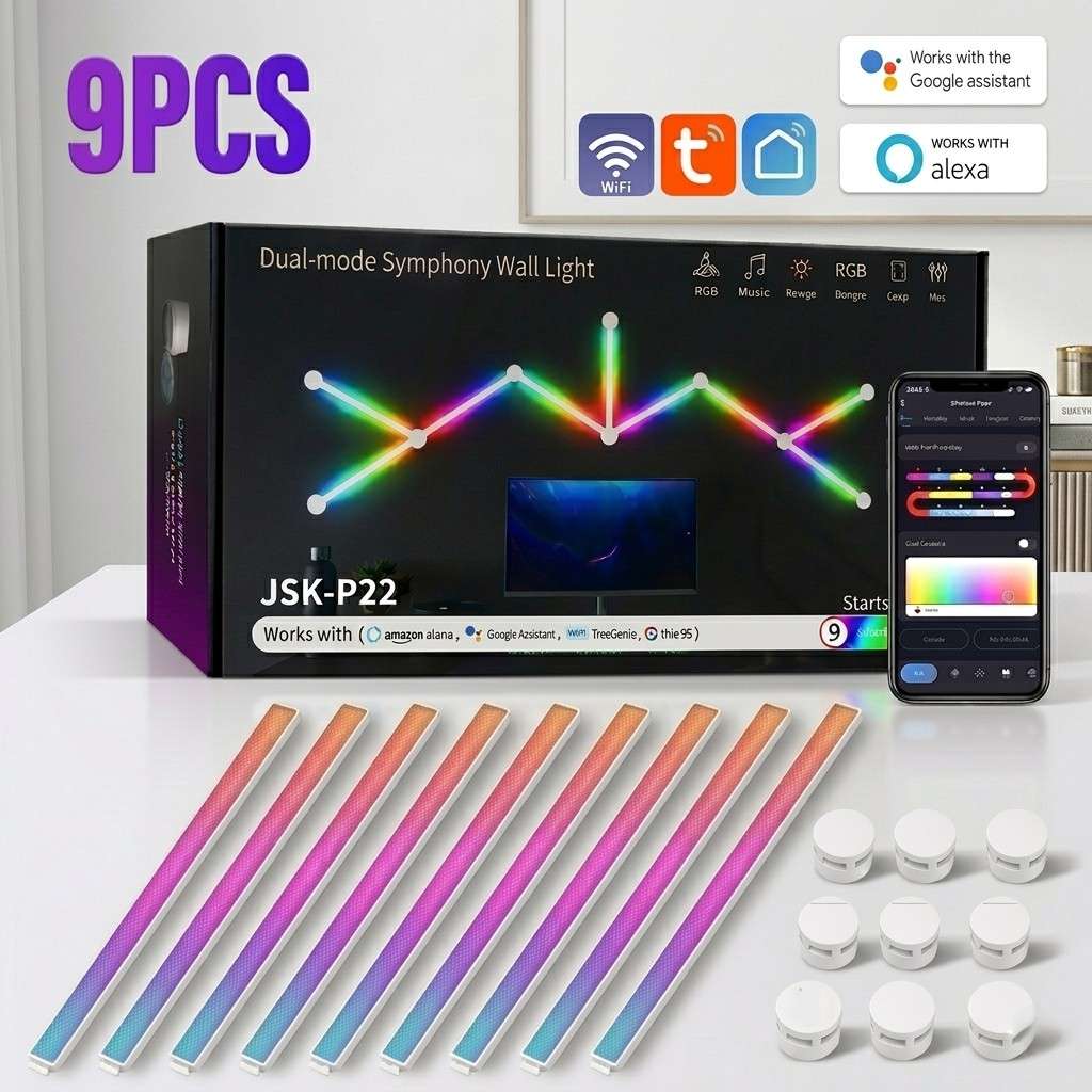 9-piece Smart Symphony Wall Light kit with sleek white housing and vibrant RGB effects, perfect for modern gaming setups from Dreams Setup.