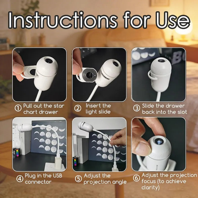 A detailed step-by-step visual guide showing how to use the galaxy star projector, including setup and focus adjustments from Dreams Setup.