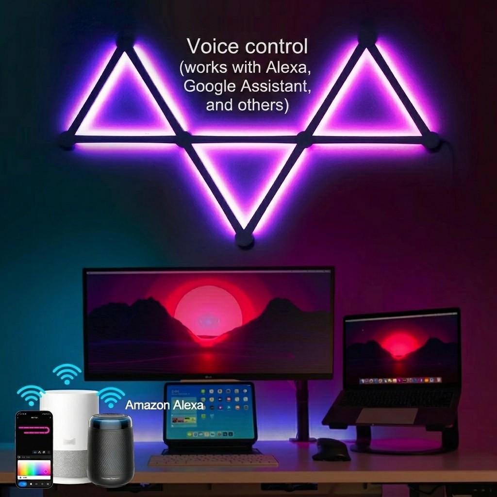 Smart RGB neon wall lights with voice control compatibility for Alexa and Google Assistant, enhancing any gaming desk setup from Dreams Setup.