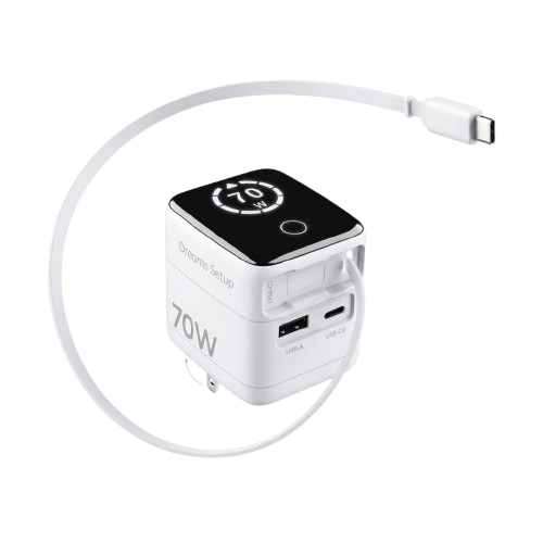 Premium white 70W GaN fast charger with dual USB-C ports and digital power display from Dreams Setup.