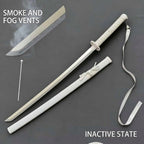 High-quality white Japanese katana from Dreams Setup showing smoke and fog vents and its inactive state design.