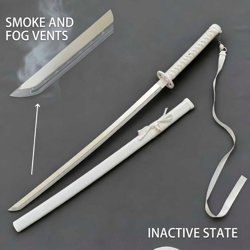 High-quality white Japanese katana from Dreams Setup showing smoke and fog vents and its inactive state design.