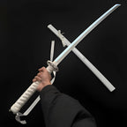 A hand holding a sleek white katana sword with RGB lighting features against a dark background from Dreams Setup.