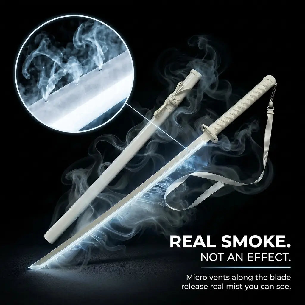 White LED smoke katana sword with mist along the glowing blade and a close-up of the blade vents on a black background
