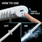 White LED smoke katana touch-and-hold control guide showing the blade off and on with glowing light and mist
