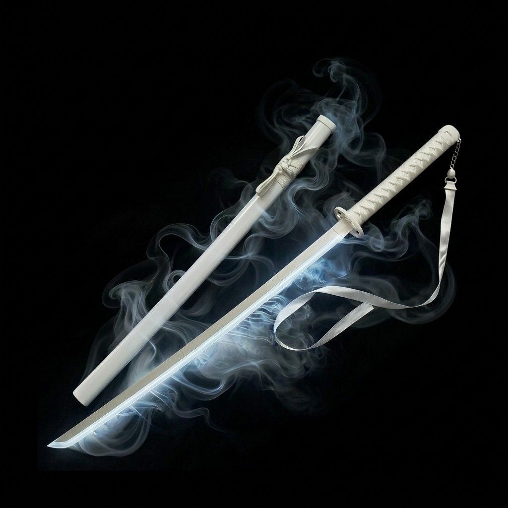 Elegant white Japanese katana with a bright LED light effect and smoke ambiance on a black background, perfect for minimalist gaming room setups from Dreams Setup.