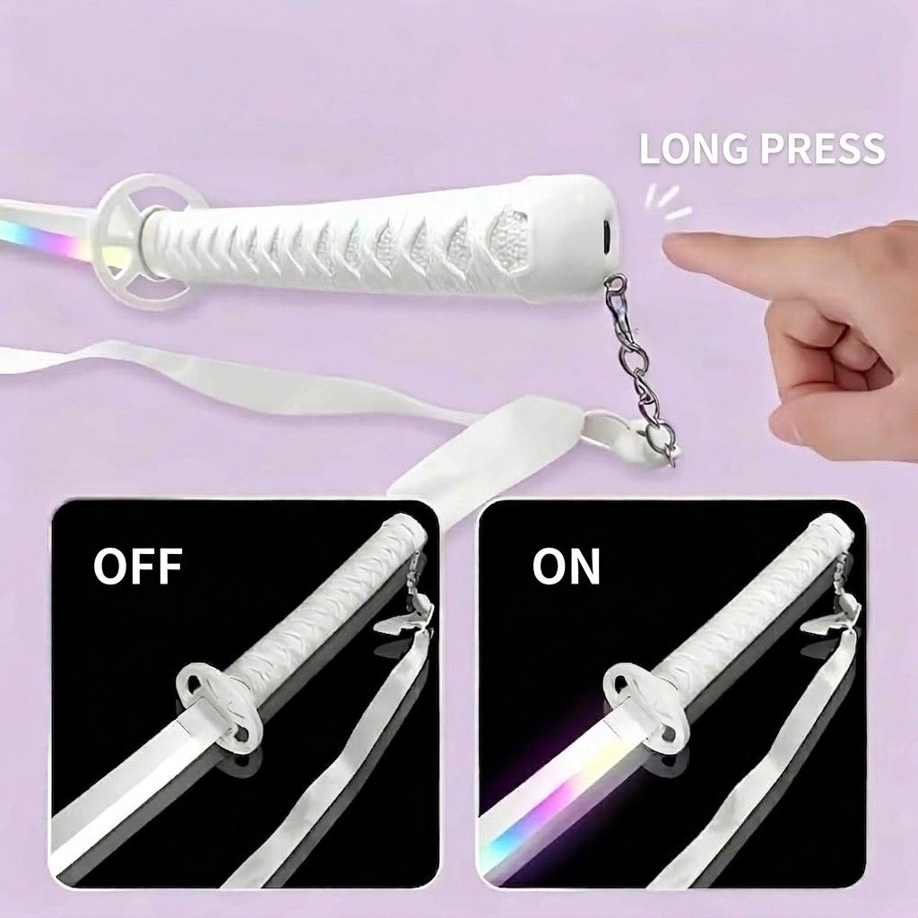 Detailed specifications for the white RGB light-up katana from Dreams Setup, including blade length of 71cm and premium acrylic and bamboo materials.