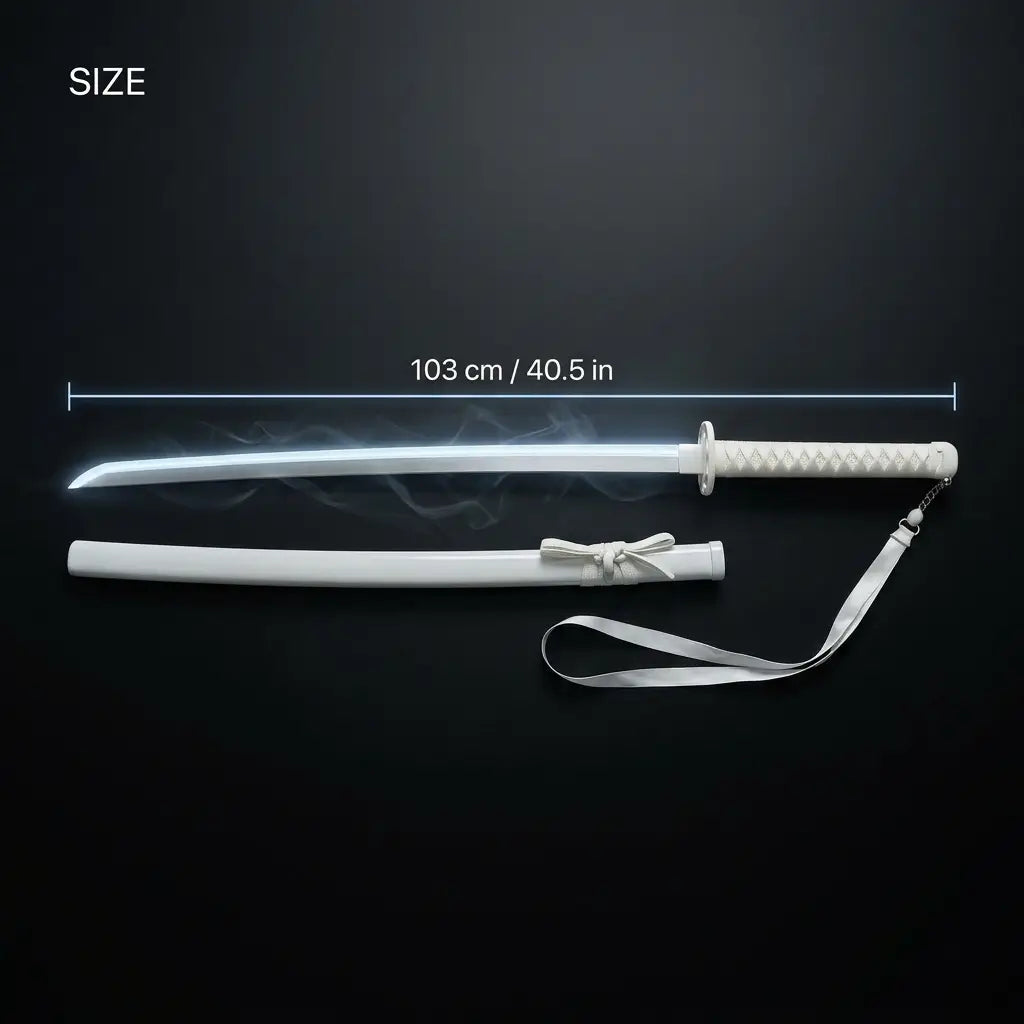 White RGB smoke katana sword with matching scabbard and a size guide showing its 103 cm (40.5 in) total length
