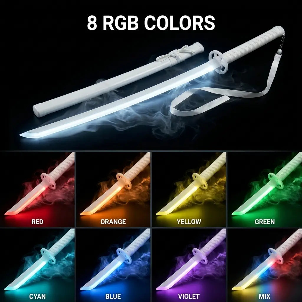 White RGB smoke katana sword showing red, orange, yellow, green, cyan, blue, violet and mixed-color lighting modes
