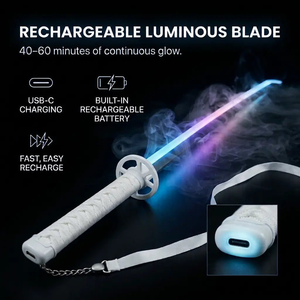 White RGB smoke katana with a blue and purple glowing blade, wrist strap and close-up of the USB-C charging port
