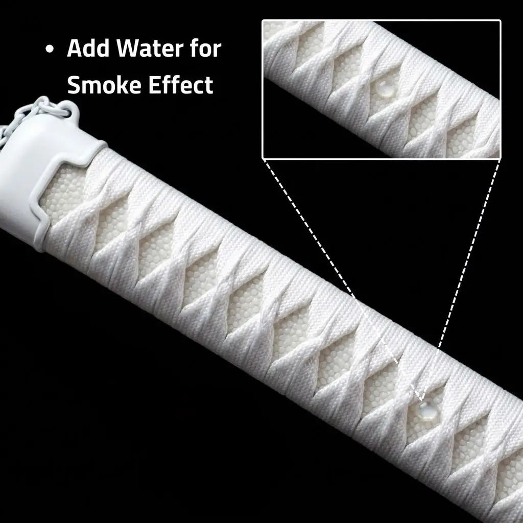 Close-up of a white smoke katana sword handle showing where to add water for the mist effect
