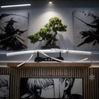 White Smoking Katana Sword with realistic mist smoke effect, Japanese anime-inspired design, displayed on a stand in a modern gaming room.