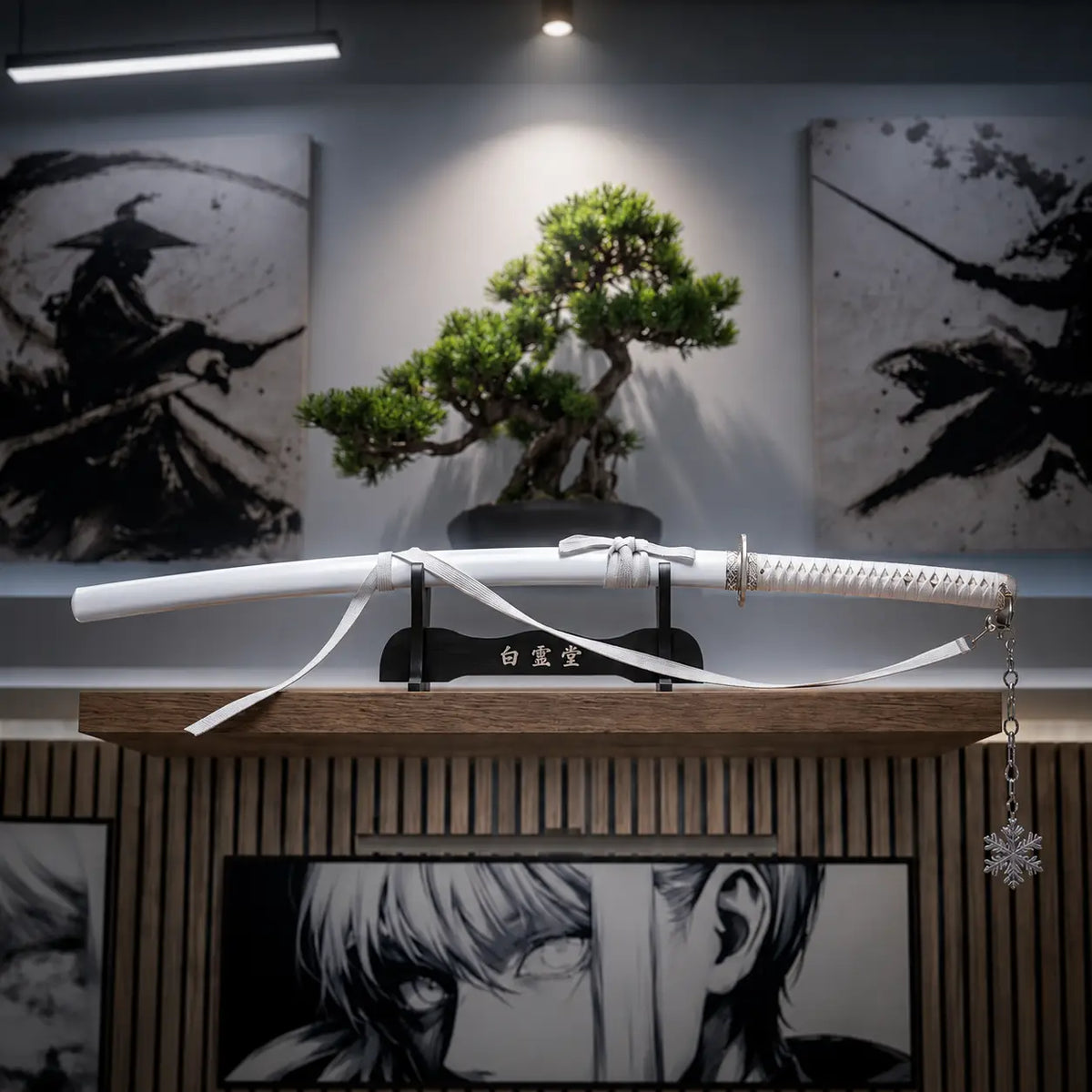 White Smoking Katana Sword with realistic mist smoke effect, Japanese anime-inspired design, displayed on a stand in a modern gaming room.