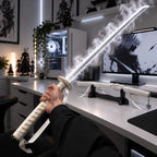 White smoking katana sword with a glowing white blade and swirling smoke effect, held by its wrapped handle in an anime-themed gaming setup.