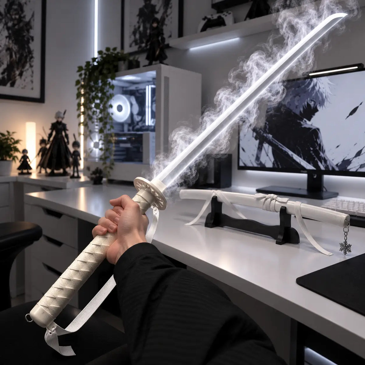 White smoking katana sword with a glowing white blade and swirling smoke effect, held by its wrapped handle in an anime-themed gaming setup.